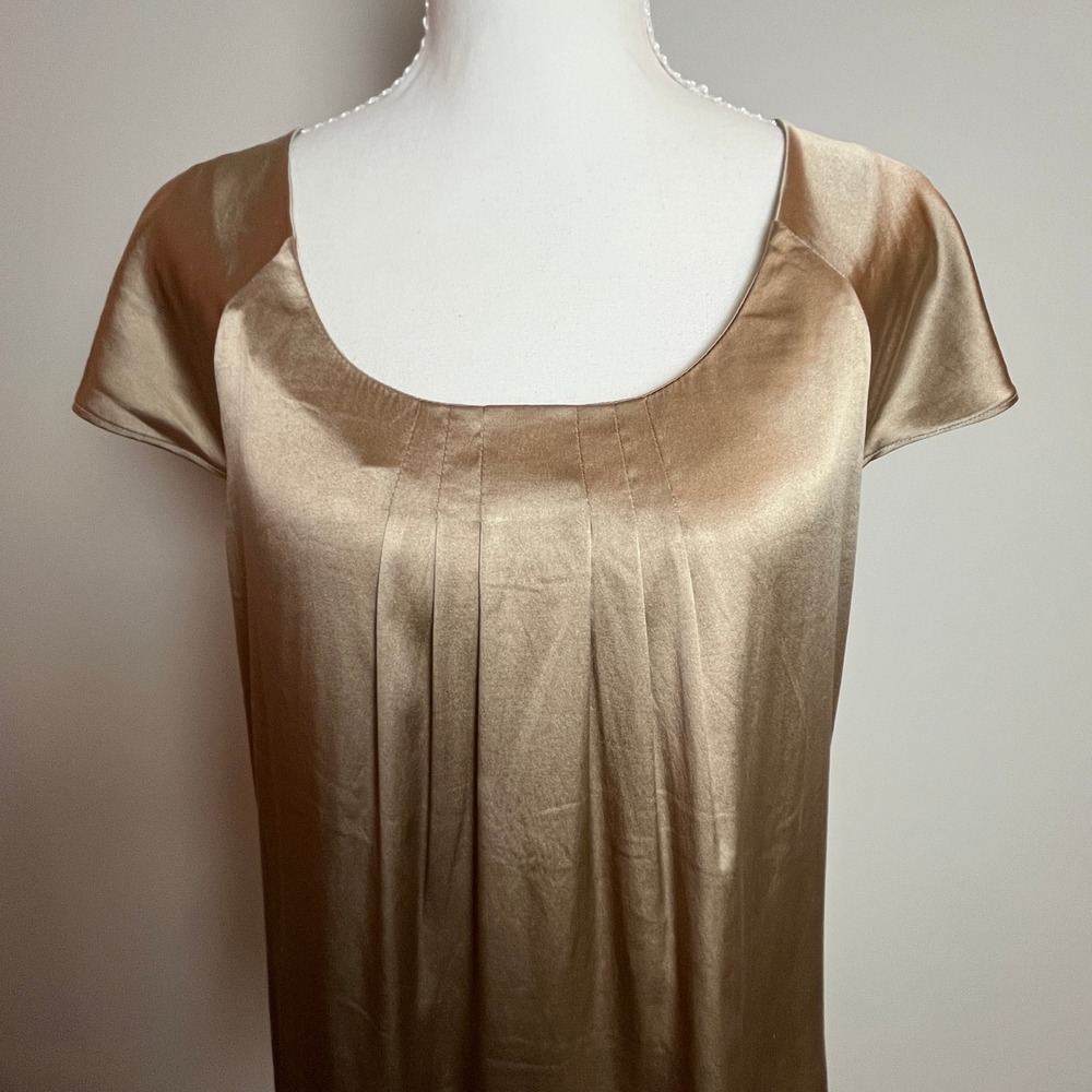 Jacob Womens Gold Silk Blend Pleated Scoop Neck Blouse Short Sleeve XS A011586